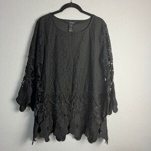 Ali Miles‎ Lace Bell Sleeve Semi Sheer Top Whimsigoth Party Blouse Black Size S